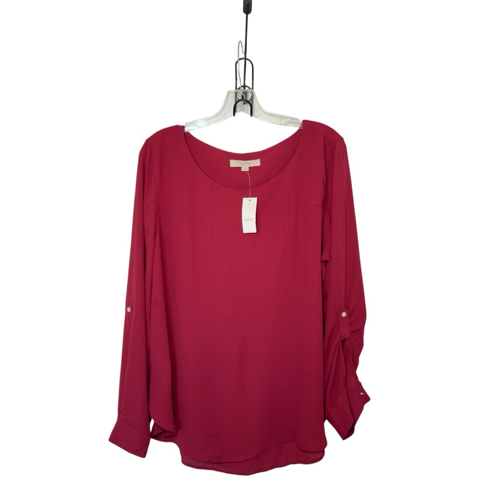 LOFT XL Casual Round Neck Roll Tab Sleeve Burgundy Blouse‎ Top Business Event